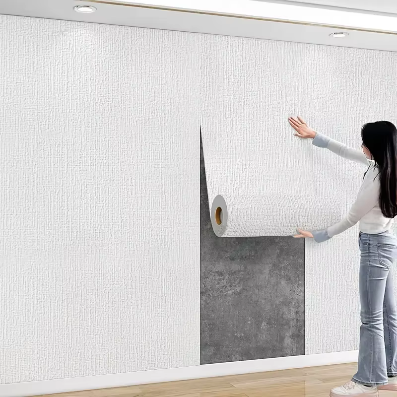 Papier peint texturé en lin épaissi, autocollant 3D imperméable pour la décoration de la cuisine, de la chambre à coucher et du fond des murs