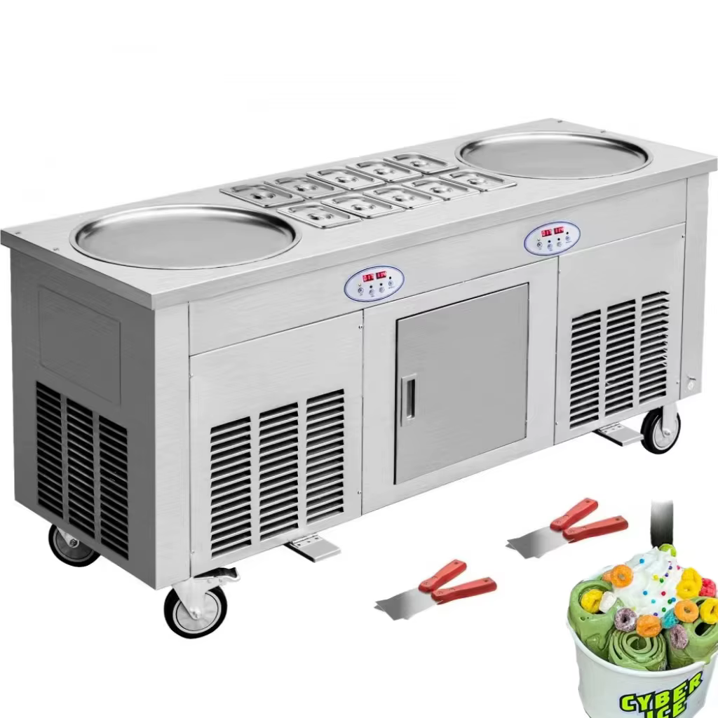Machine à crème glacée en rouleau 2800 Watts Machine à rouleau de crème glacée à Double plaque avec armoire Machine à rouleau de crème glacée frite
