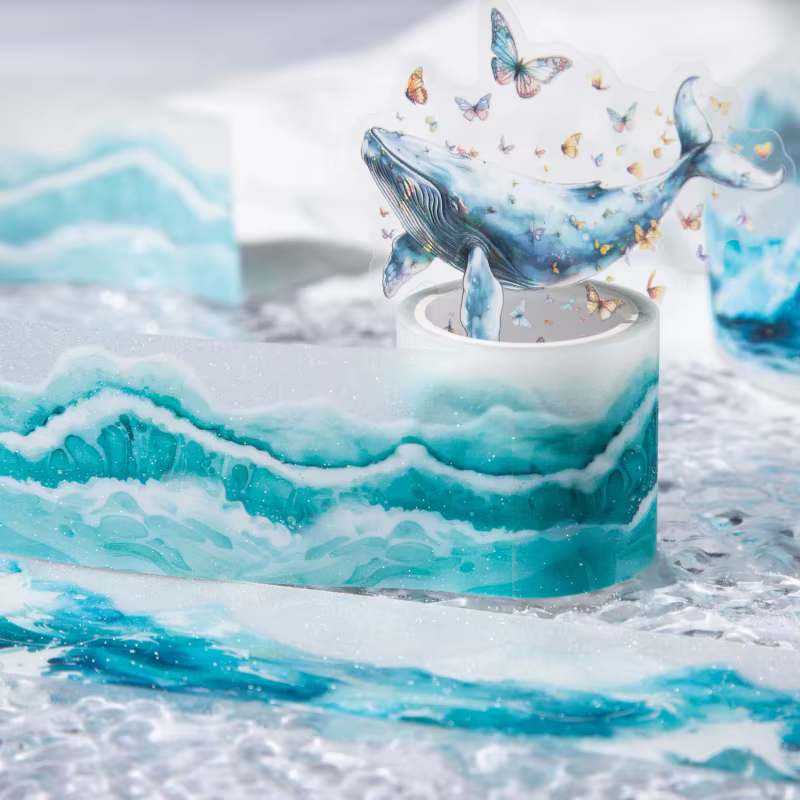 1 rouleau de ruban décoratif sur le thème ondulé, autocollant à motif océan continu pour l'artisanat et le planificateur de bricolage