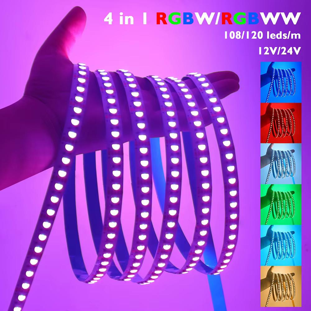 Bande lumineuse Led RGBW, 5m, 4 couleurs en 1, puce RGBWW 12V 24V 5050 120 60 108 LED, ruban Flexible, DC, décoration d'intérieur