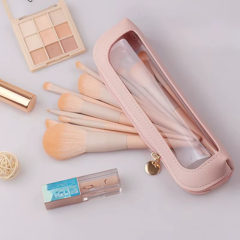 Pochette de rangement cosmétique transparente et imperméable, trousse de maquillage transparente en cuir PU, étui de voyage pour pinceaux de maquillage avec fermeture éclair