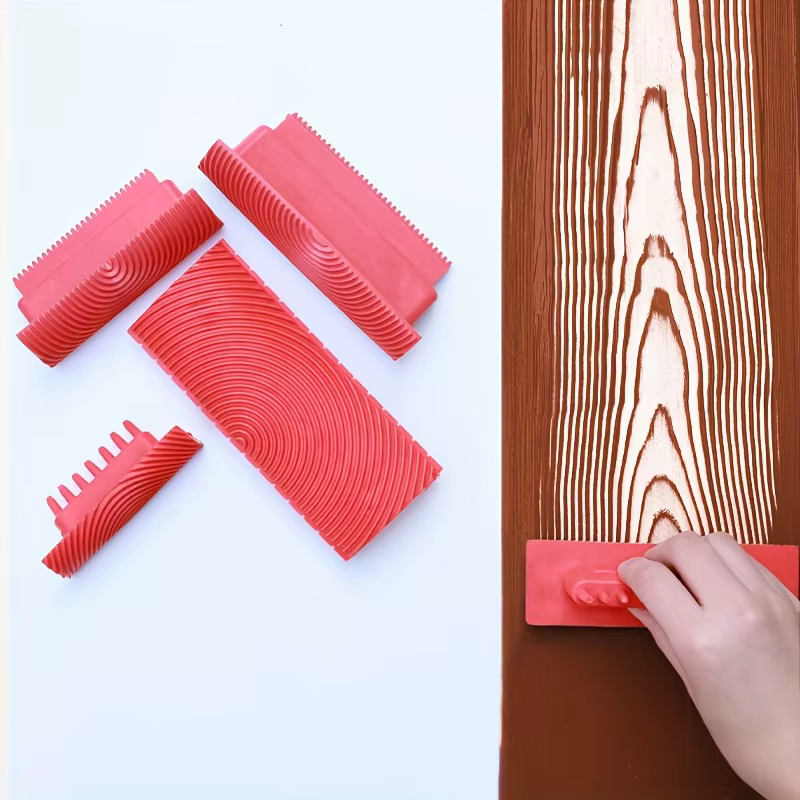 Lot de 4 outils en caoutchouc à texture de grain de bois - Grattoir à peinture imitation pour le papier peint artistique