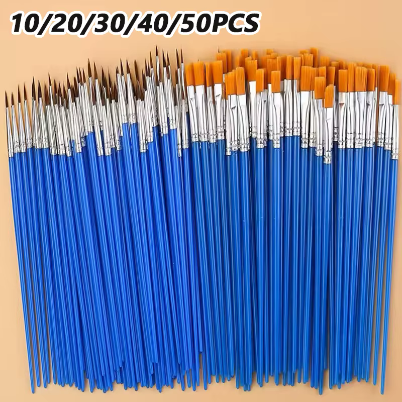 10/20/30/40/50 pièces pinceaux de peinture cheveux ronds/plats Nylon