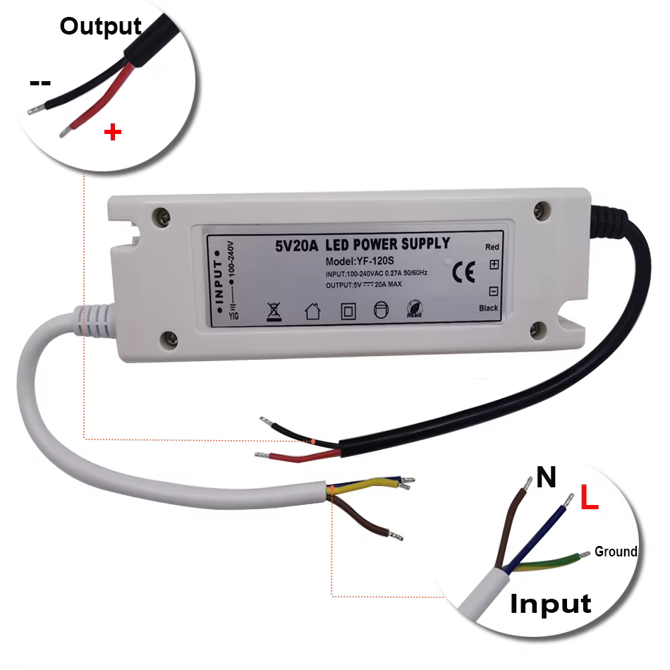 Alimentation LED 5 volts, adaptateur d'alimentation 5V 12A 20A 60W 100W 110V 220V AC à DC5V, alimentation pour bande LED