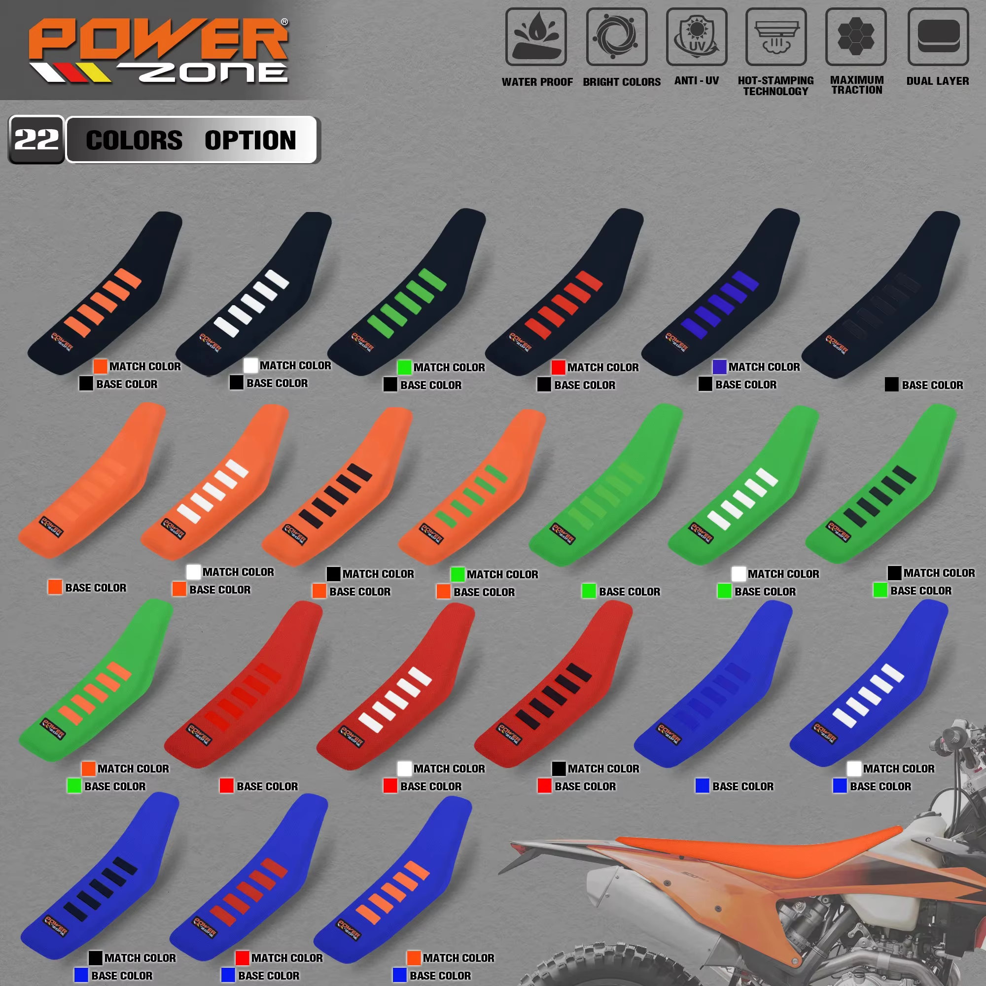 Powerzone – housse de siège à pince nervurée, ensemble étanche, Protection antidérapante bouleversée, pour SXF EXC KXF CRF YZF WR TC TE