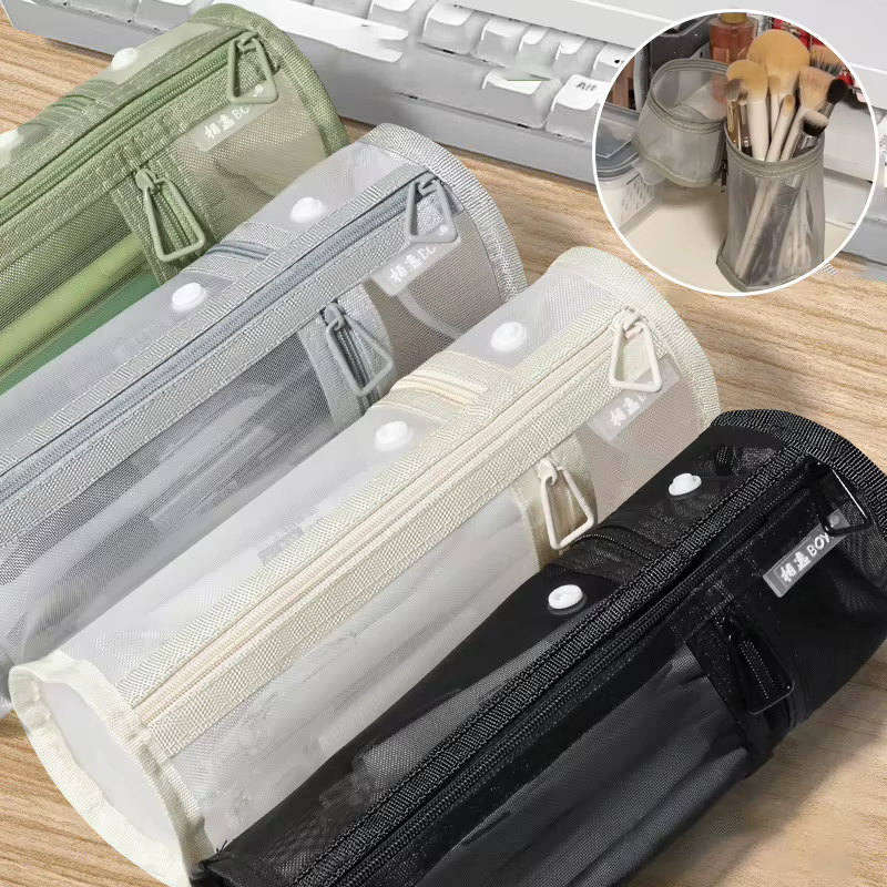 Sac de rangement portable en maille pour pinceaux de maquillage, double usage, grande capacité, support vertical, pochette de voyage pour cosmétiques