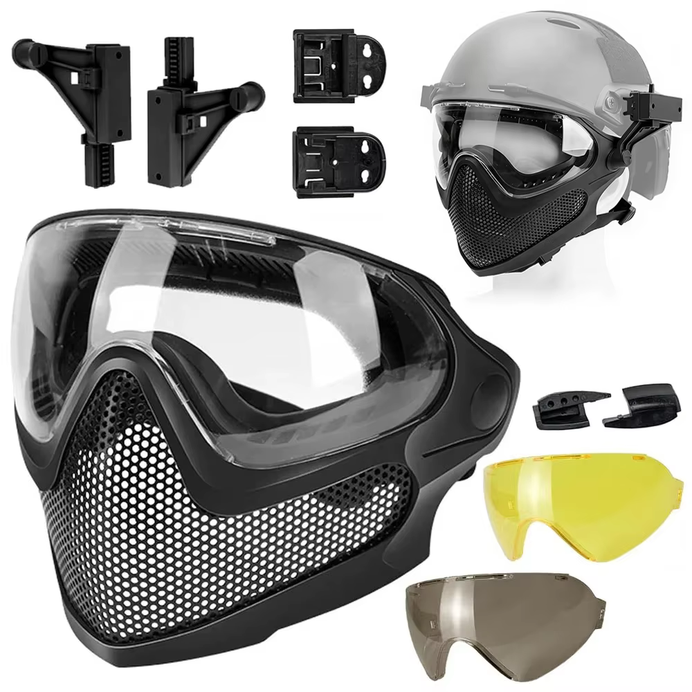 Masque facial complet Airsoft, masque de casque, ensemble de lunettes de Protection Anti-buée, maille en acier respirante, masque facial de Protection pour Wargame