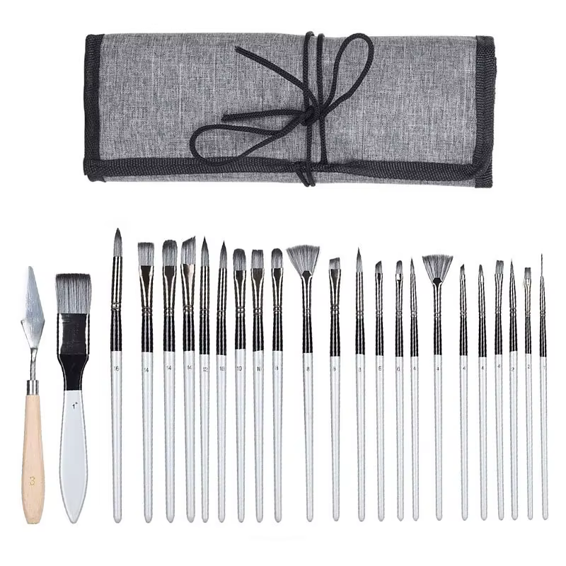 Ensemble de pinceaux de peinture Premium avec sac en toile, 24 pièces, lavables, pointes larges pour aquarelle et peinture à l'huile, poignées en bois durables