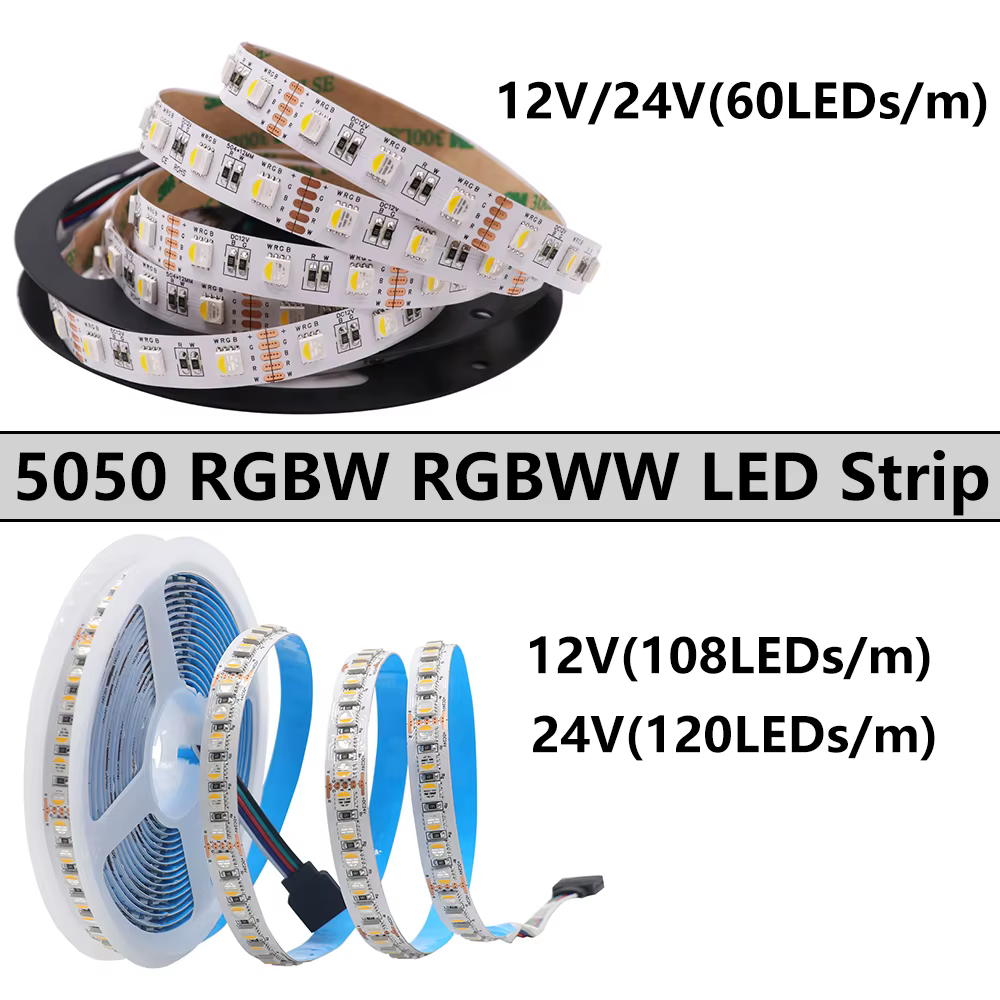Ruban LED RGBWW RGBW 12V 24V, 60/108/120 gible/m, étanche IP21/65/IP67, flexible 5050, pour la décoration des pièces