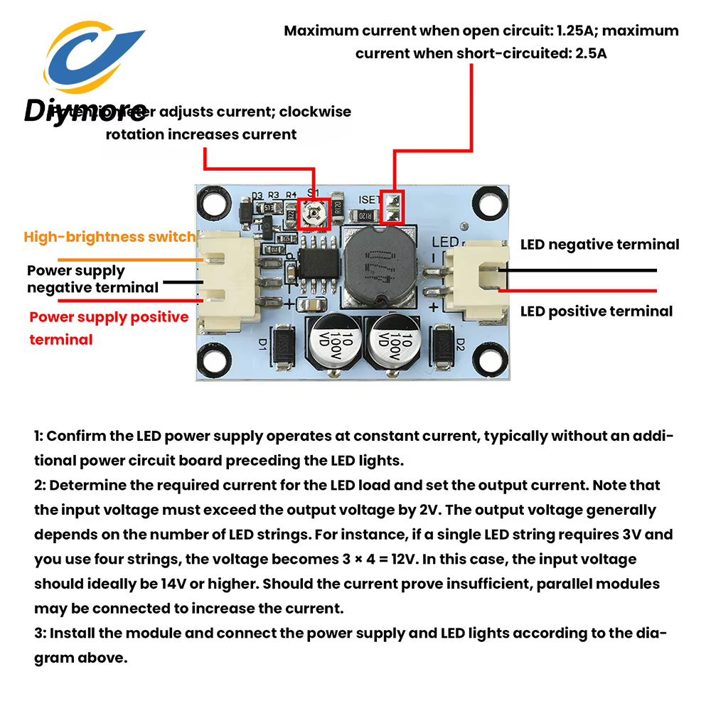 Module de pilote LED pour véhicule électrique, alimentation à courant constant haute puissance 5-85V, pilote LED 0-2.5A, gradation PWM réglable