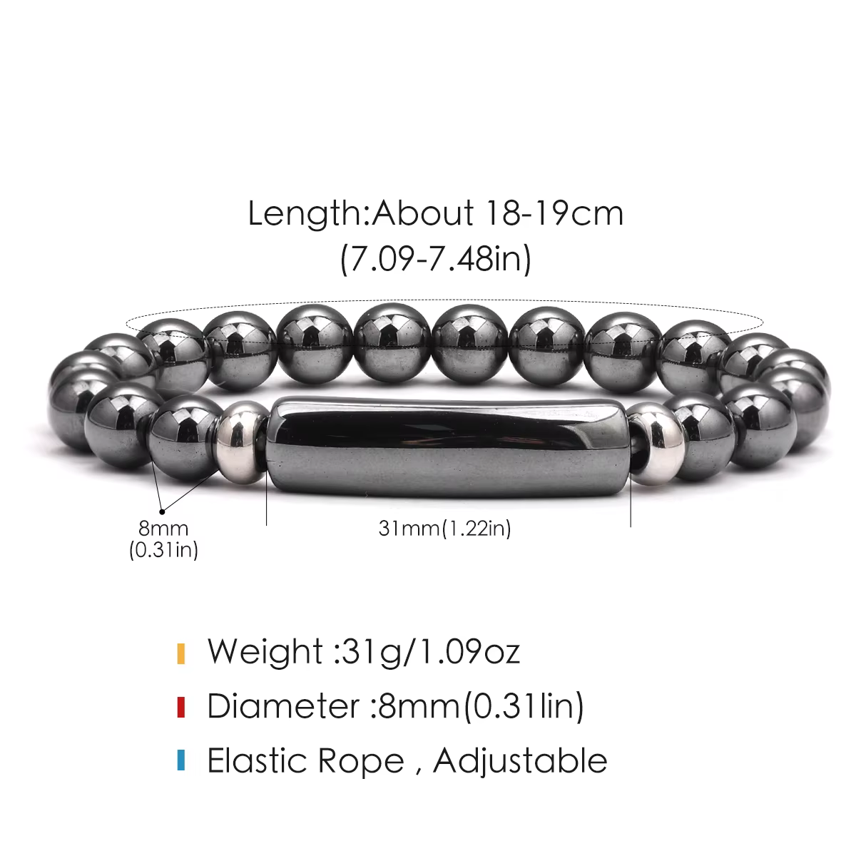 Bracelet en hématite naturelle pour hommes – Perles en forme de baril pour la paix, la protection et la guérison – Bijou en pierre pour soulager le stress et le port quotidien