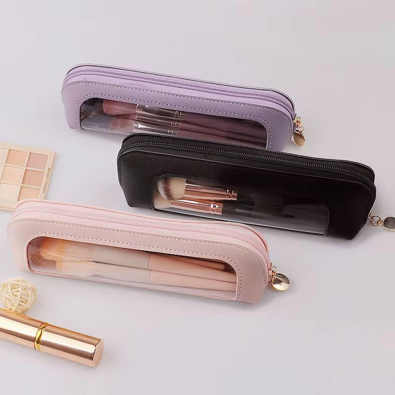 Pochette de rangement cosmétique transparente et imperméable, trousse de maquillage transparente en cuir PU, étui de voyage pour pinceaux de maquillage avec fermeture éclair