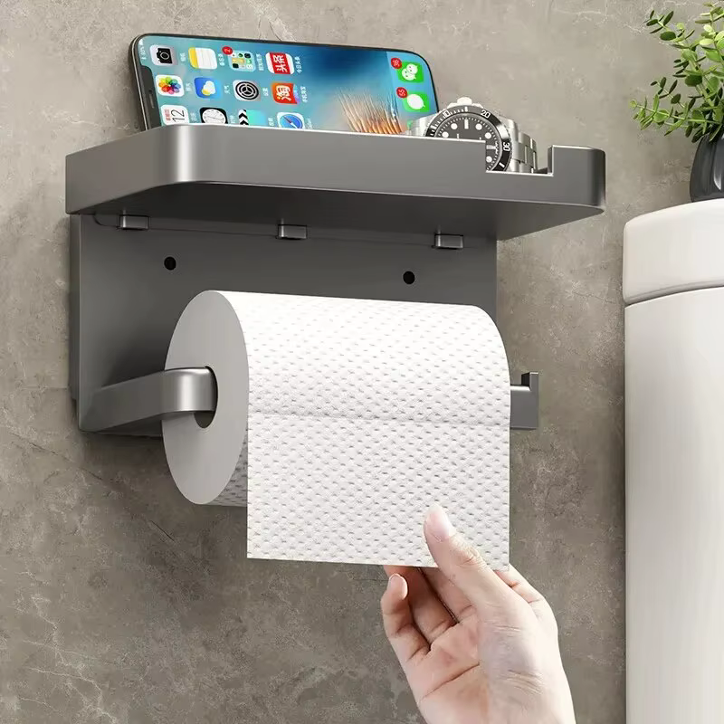 Porte-papier toilette mural avec étagère, porte-rouleau de papier toilette pour téléphone, mouchoirs et rangement d'objets de petite taille