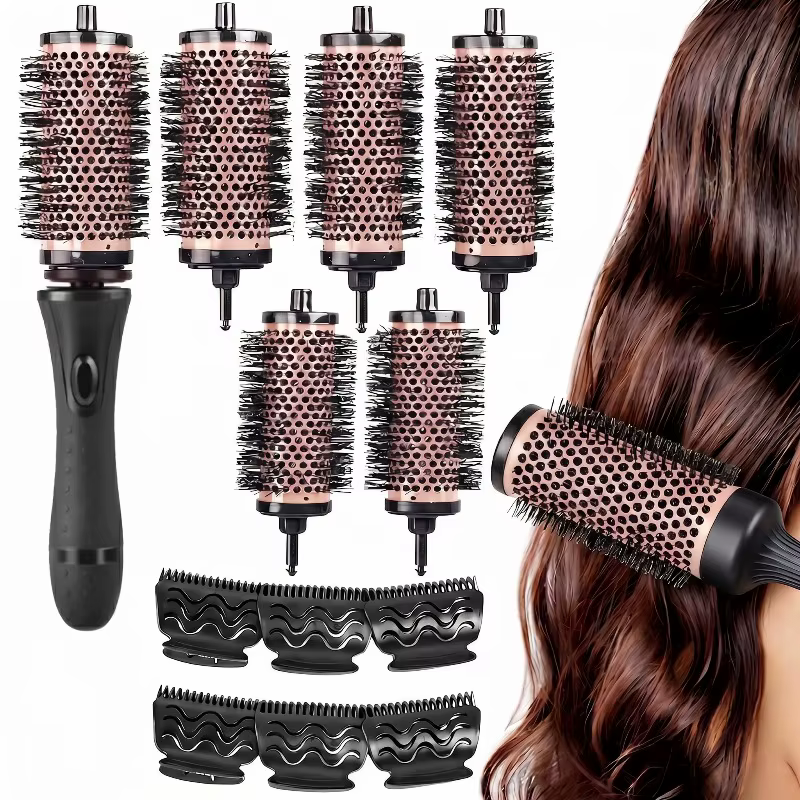 Brosse à cheveux ronde avec pinces de positionnement pour le séchage et le coiffage, ensemble de brosses à cheveux rondes détachables avec manche amovible