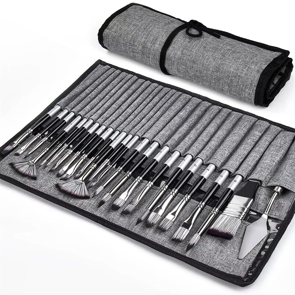 Ensemble de pinceaux de peinture Premium avec sac en toile, 24 pièces, lavables, pointes larges pour aquarelle et peinture à l'huile, poignées en bois durables