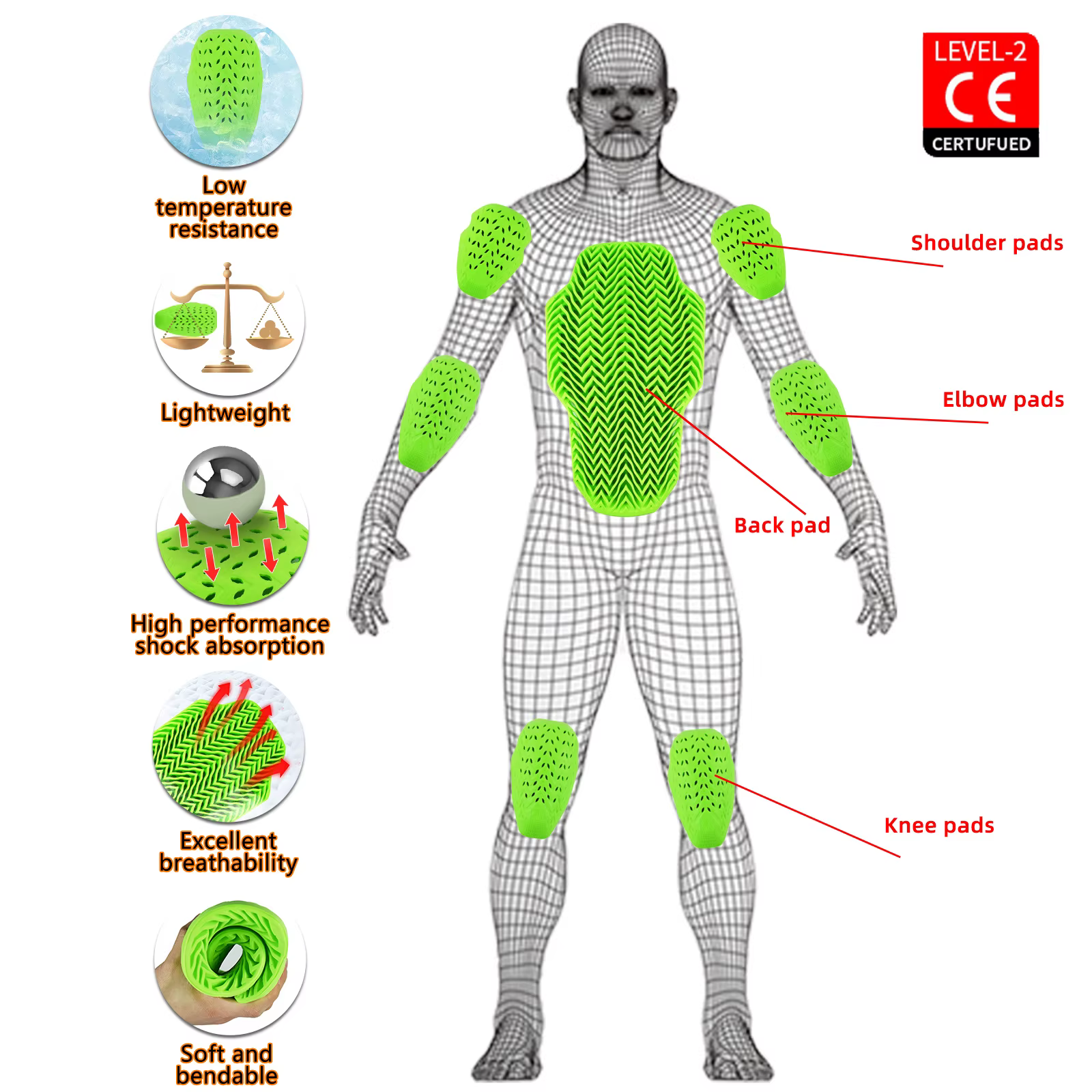 Ensemble de protection moto vert CE niveau 2, veste et pantalon en PU anti-impact pour motocross et tout-terrain