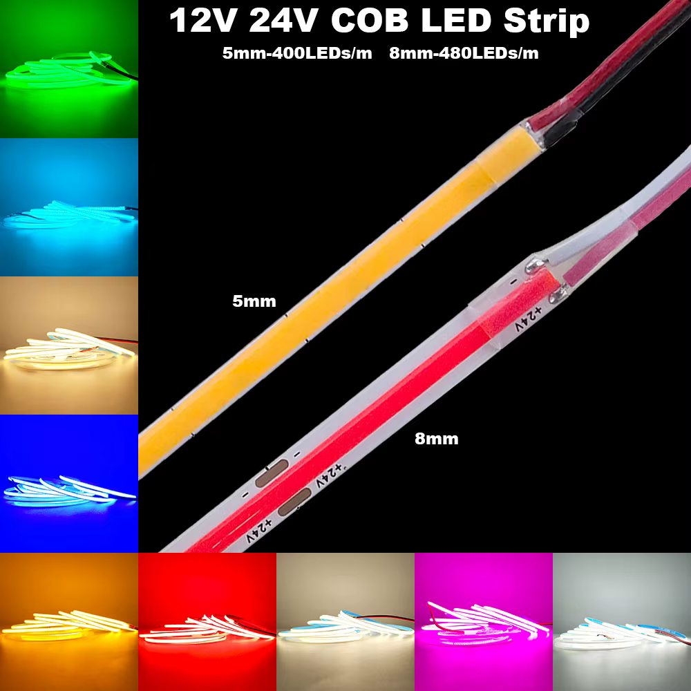 Bande LED COB 12V 24V 5mm/8mm PCB 400/480LED s/m bande LED Flexible rouge/vert/bleu/rose/bleu glace/jaune pour la décoration de la maison lumières LED