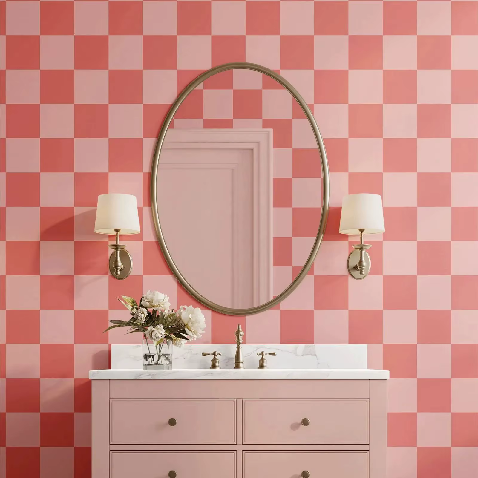 Papier peint moderne rose à carreaux surdimensionnés