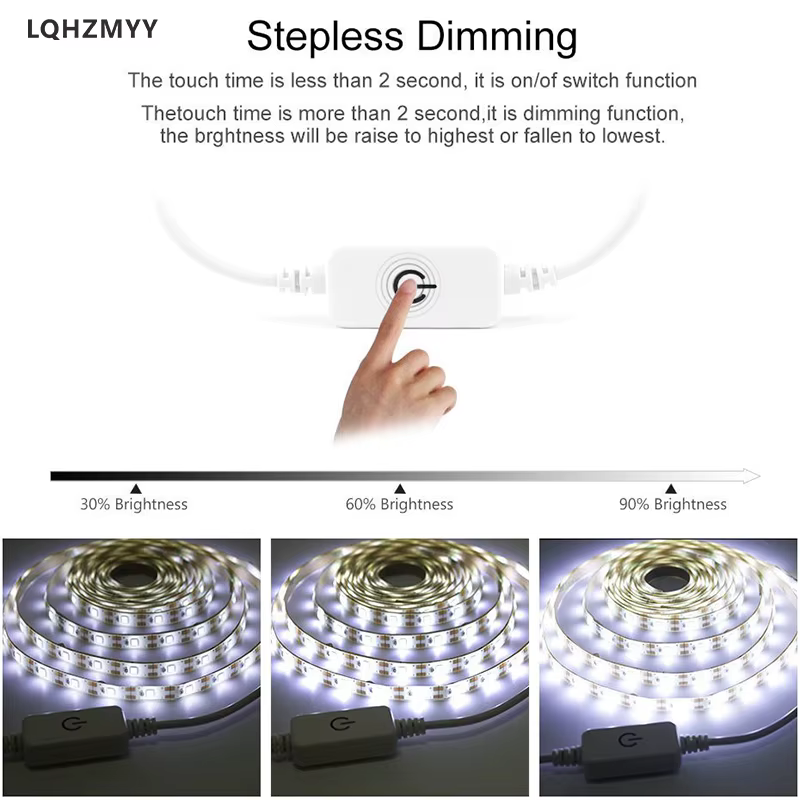 1 bande lumineuse LED avec contrôle tactile et variateur d'intensité, basse tension 5V, alimentée par USB, interrupteur tactile, pression longue durée pour ajuster la luminosité, peut être coupée en d