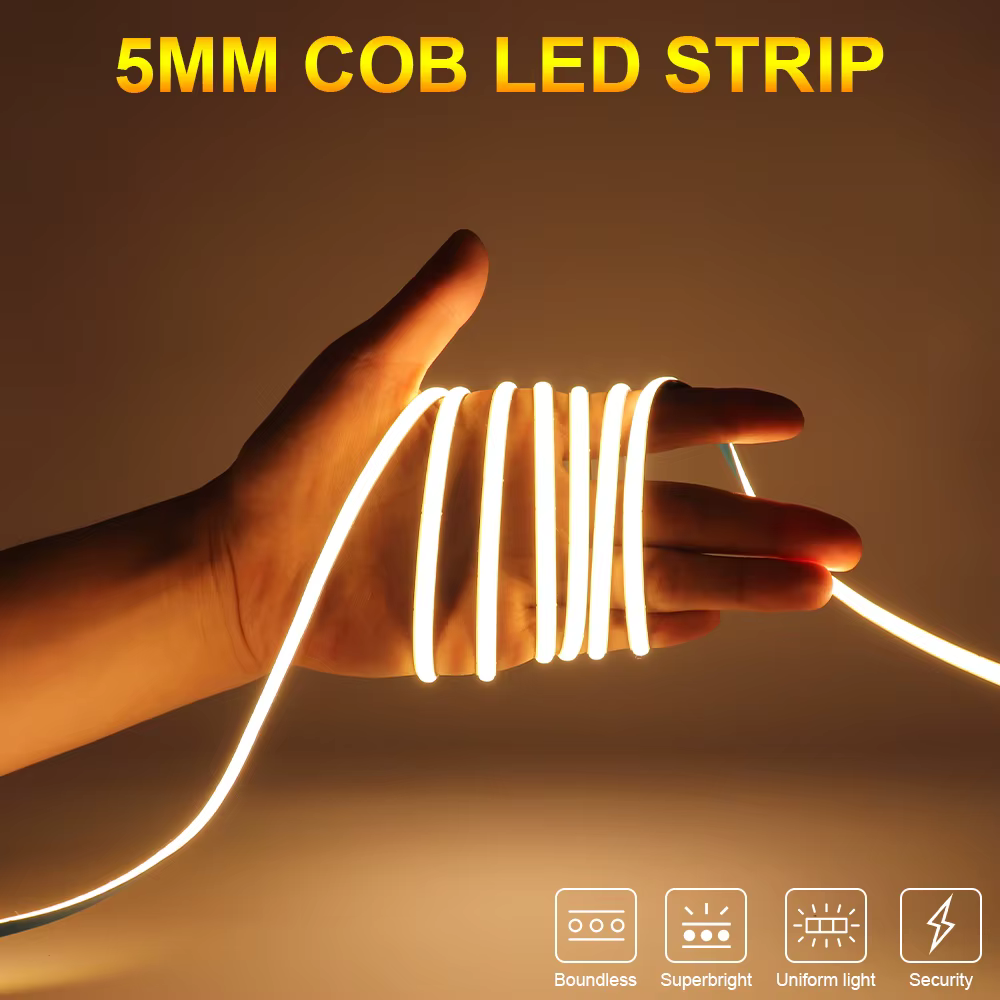 Bande LED colorée 5mm rose/bleu glace/bleu/vert/rouge/jaune dorée, bande lumineuse COB DC 12V 24V, pour décoration de chambre et de voiture