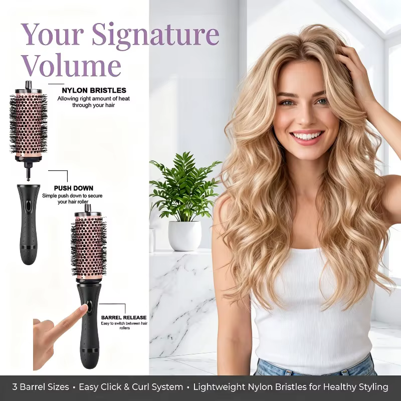 Brosse à cheveux ronde avec pinces de positionnement pour le séchage et le coiffage, ensemble de brosses à cheveux rondes détachables avec manche amovible