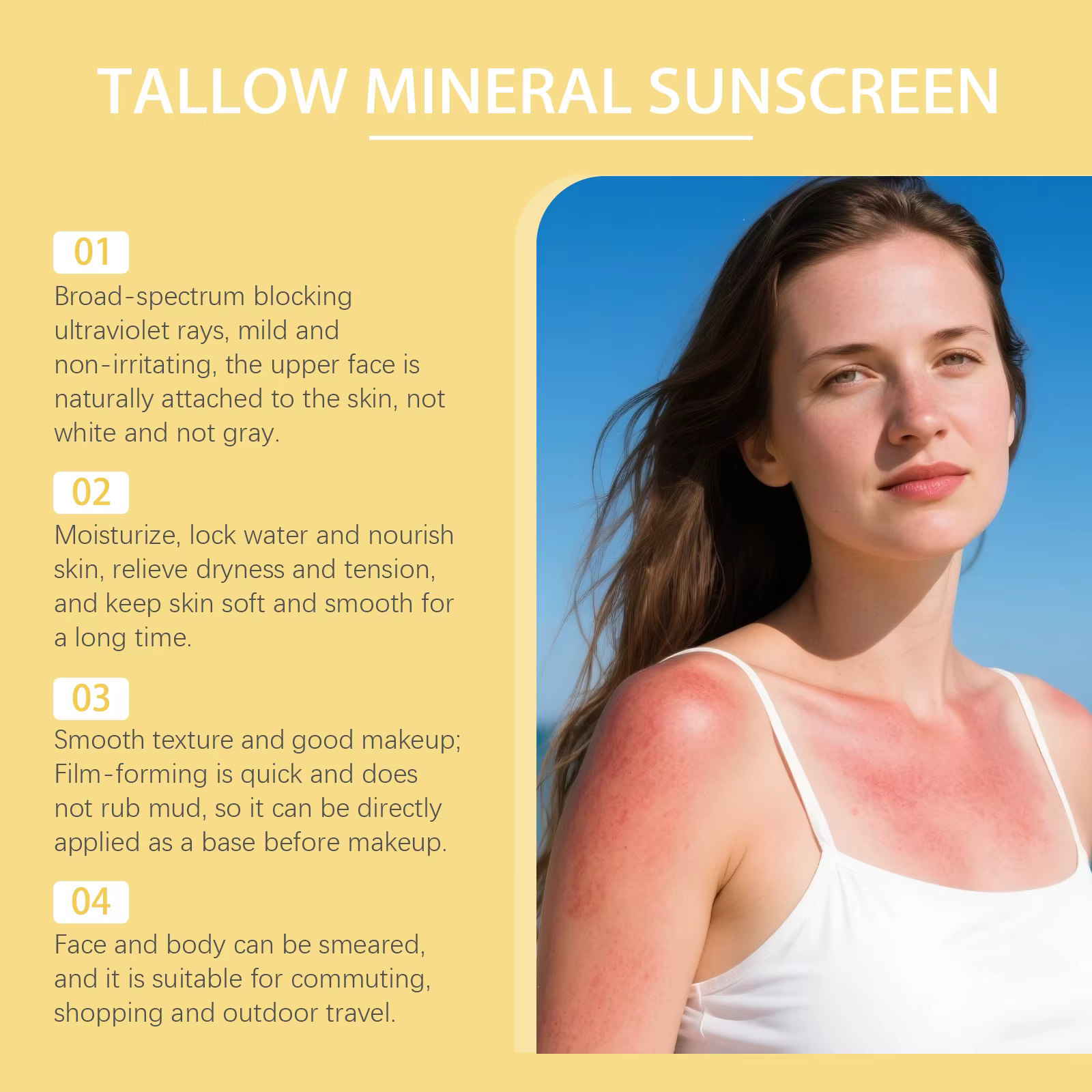 Crème solaire minérale au suif de bœuf biologique SPF 50, formule naturelle, protection solaire complète pour le visage et le corps, protection solaire quotidienne pour l'été en plein air