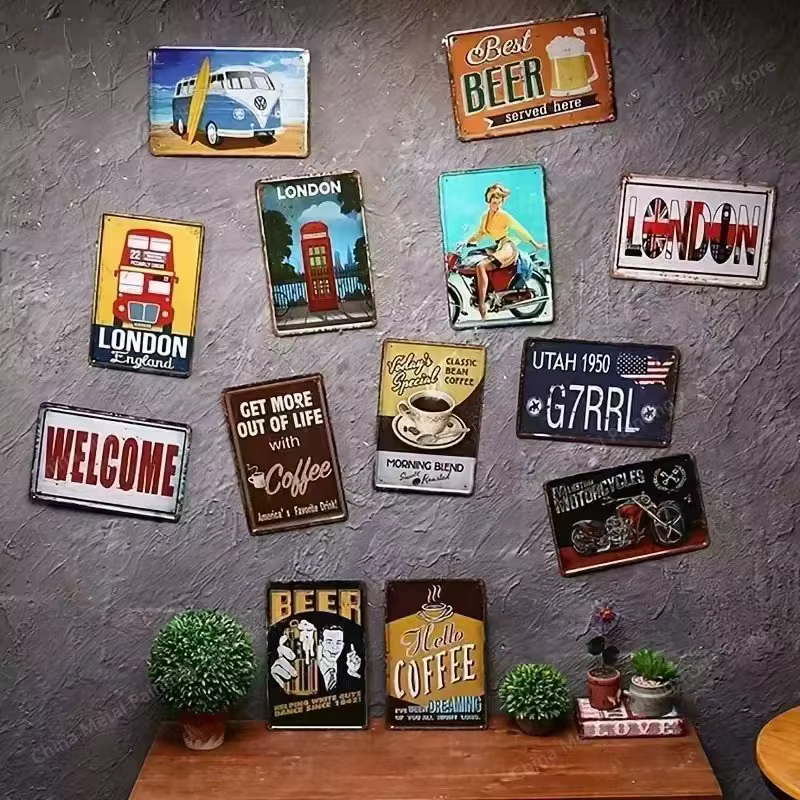 Peinture sur métal 2D - Panneau décoratif métallique vintage pour mur avec motif de jardin et balcon français - Art rustique avec vue