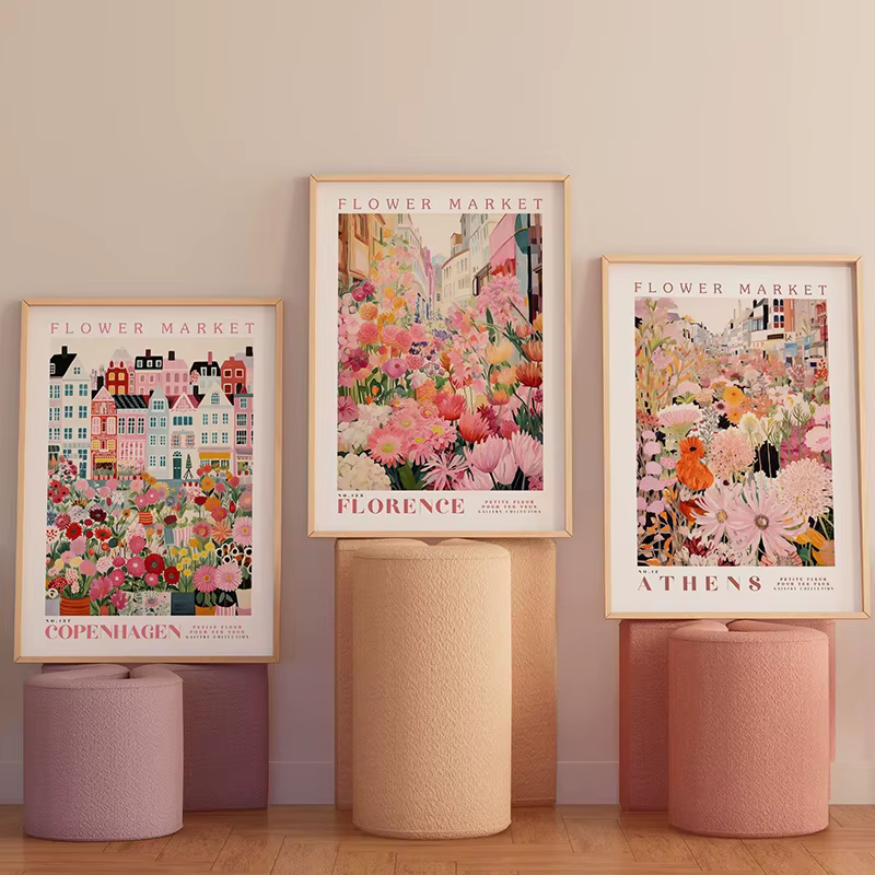 Lot de 3 affiches d'art sur toile modernes sur le thème du marché des fleurs