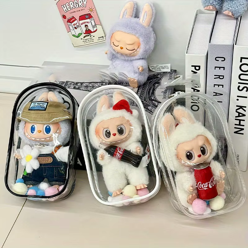 1 housse anti-poussière Labubu, sac de rangement portable transparent en PVC pour usage extérieur, sac de marche pour poupée Labubu