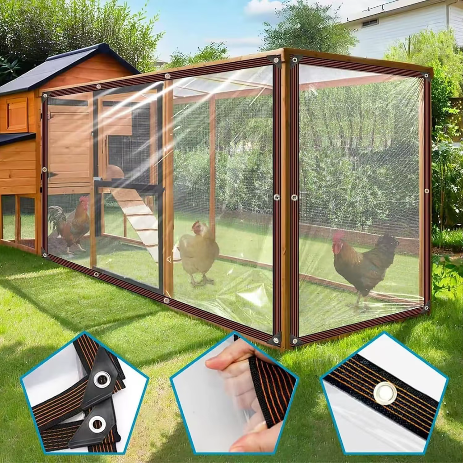 Bâche transparente imperméable en polyéthylène anti-déchirure avec œillets antirouille pour patio