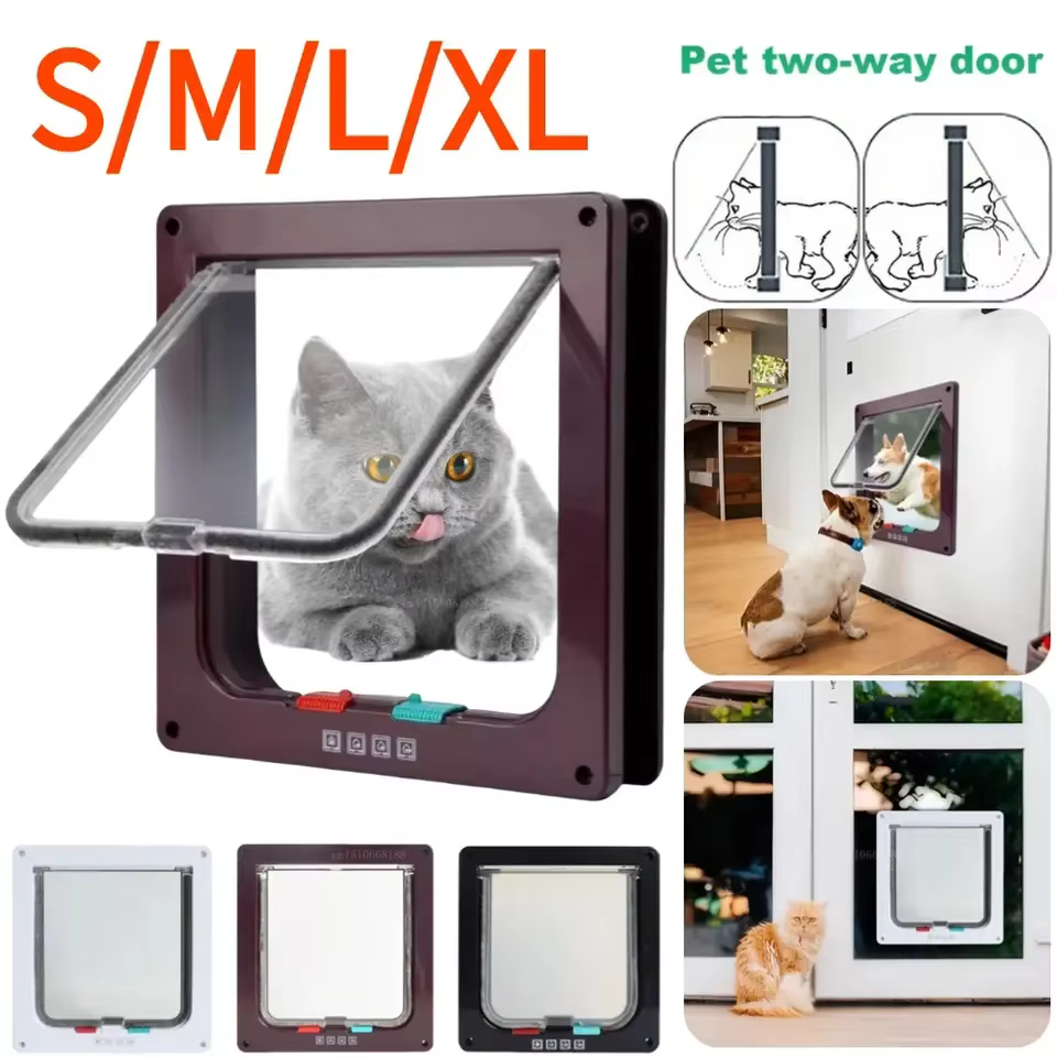 Porte pour chat résistante aux intempéries, verrouillage à 4 voies pour chat jusqu'à 20 lb pour portes intérieures, armoires, portes de garage, porte pour animaux de compagnie de 4 tailles