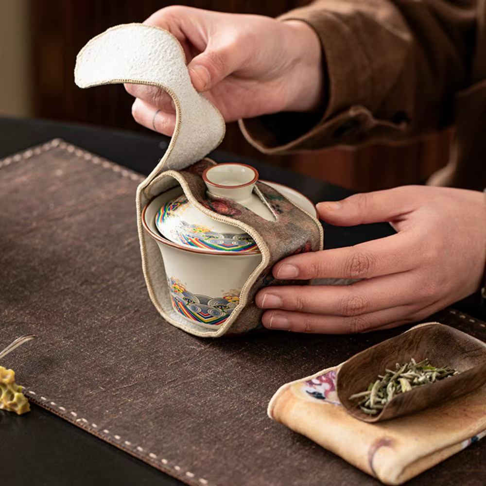 Housse de protection en peluche à motif floral pour service à thé, style chinois, résistante aux chocs, pour théière et porte-tasses, accessoires de thé, protection anti-chute