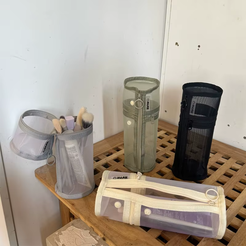 Sac de rangement portable en maille pour pinceaux de maquillage, double usage, grande capacité, support vertical, pochette de voyage pour cosmétiques