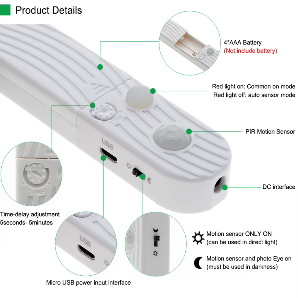 Bande lumineuse LED à détecteur de mouvement 0,5m 1m 2m 3m, éclairage de placard LED alimenté par batterie, lumière murale pour téléviseurs, lits, escaliers, armoires, décoration intérieure