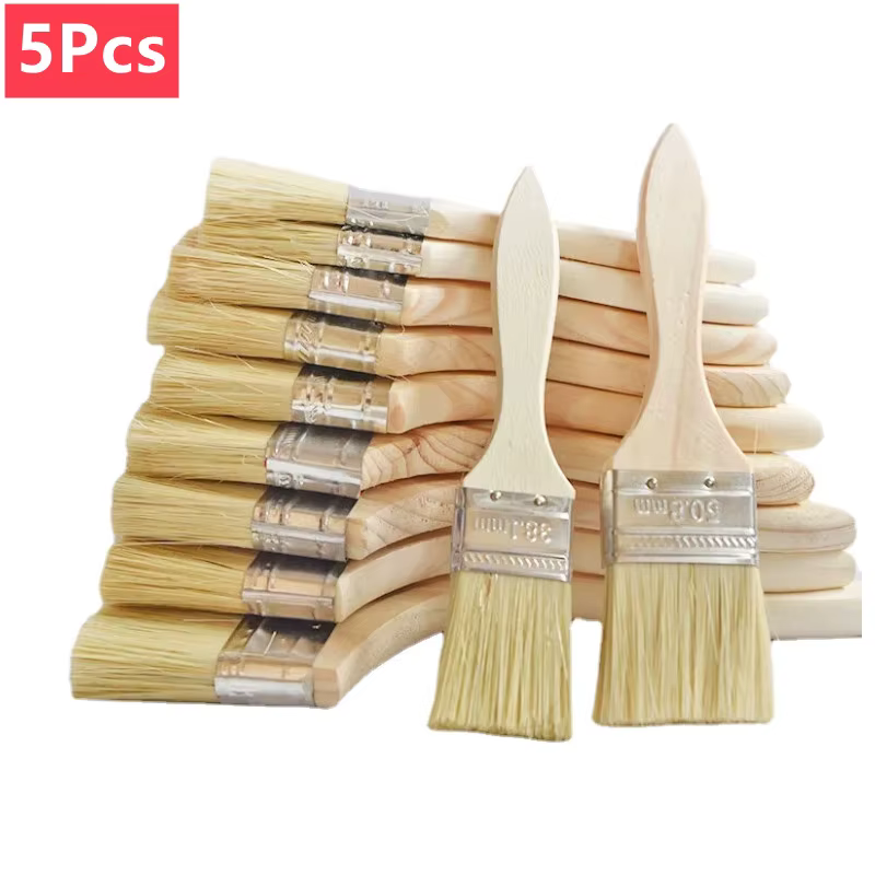5 pièces pinceau manche en bois brosse pour barbecue 1/2/4/5/6 pouces pinceaux de peinture à cheveux doux pour mur et