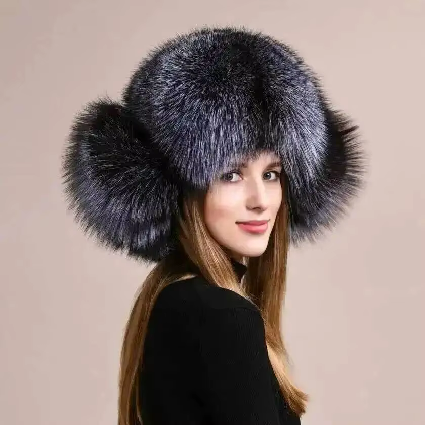 Chapeau d'hiver en vraie fourrure de renard pour femmes et hommes, casquette moelleuse et épaisse, douce, chaude, coupe-vent, protection des oreilles avec pompon en fourrure pour l'extérieur