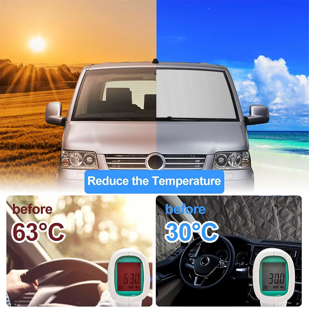 Pare-soleil avec sac de rangement, 8 pièces, fenêtre aveugle thermique interne, Protection du pare-brise de voiture pour VW T5 T6 SWB