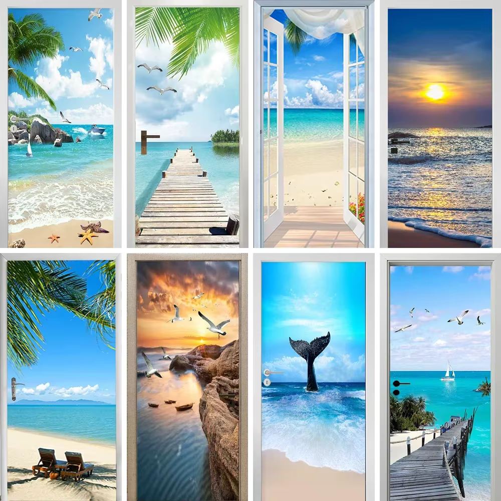Autocollant Mural de porte 3D vue sur la mer plage