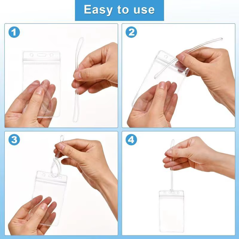 Porte-badges d'identification en plastique transparent résistant à l'usure, étanches et refermables avec cordons pour une protection longue durée des cartes d'identité