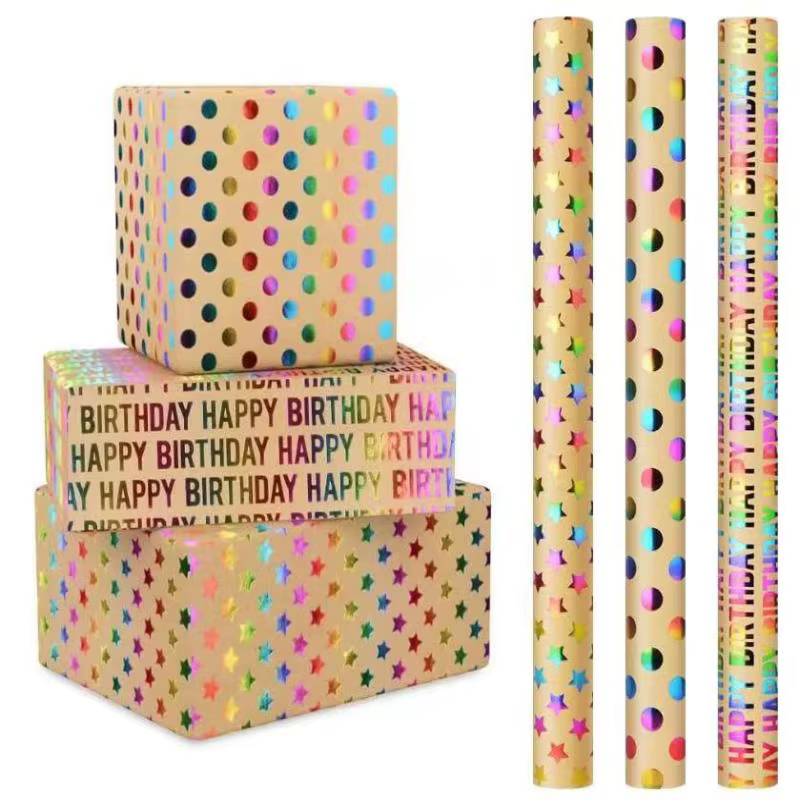 1 rouleau de papier cadeau 43x300cm Joyeux anniversaire Saint-Valentin, papier kraft jaune rétro, papier d'emballage coloré avec dorure