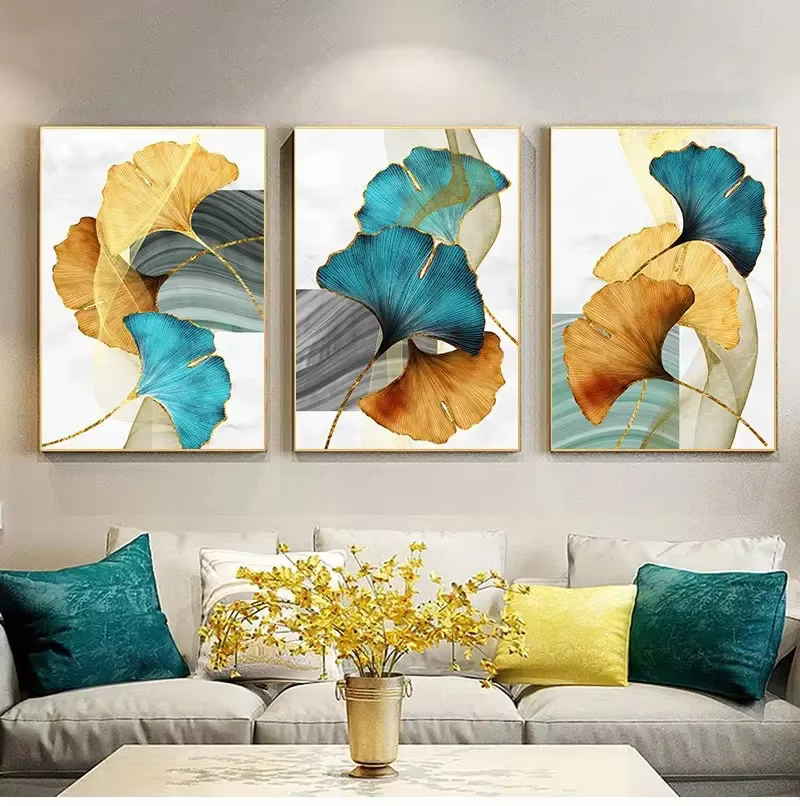 Image moderne décor de salon bleu vert jaune or plante feuille abstraite nordique toile impression mur Art peinture