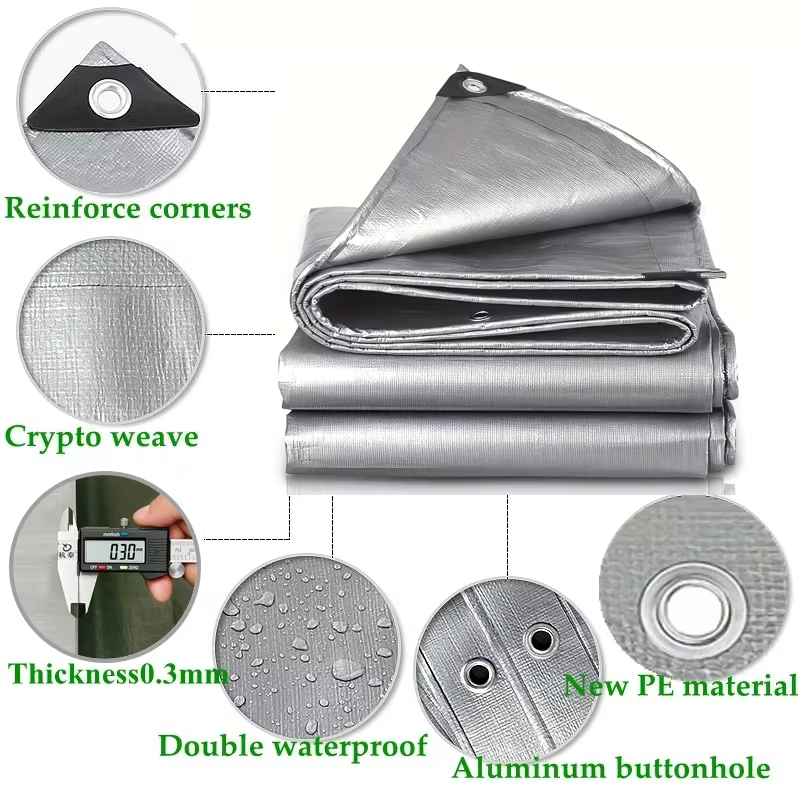 Bâche imperméable argentée anti-UV multi-usage 2x2m 2x3 3x3 3x4 3mx5 auvent abri de pluie protection solaire extérieure camping