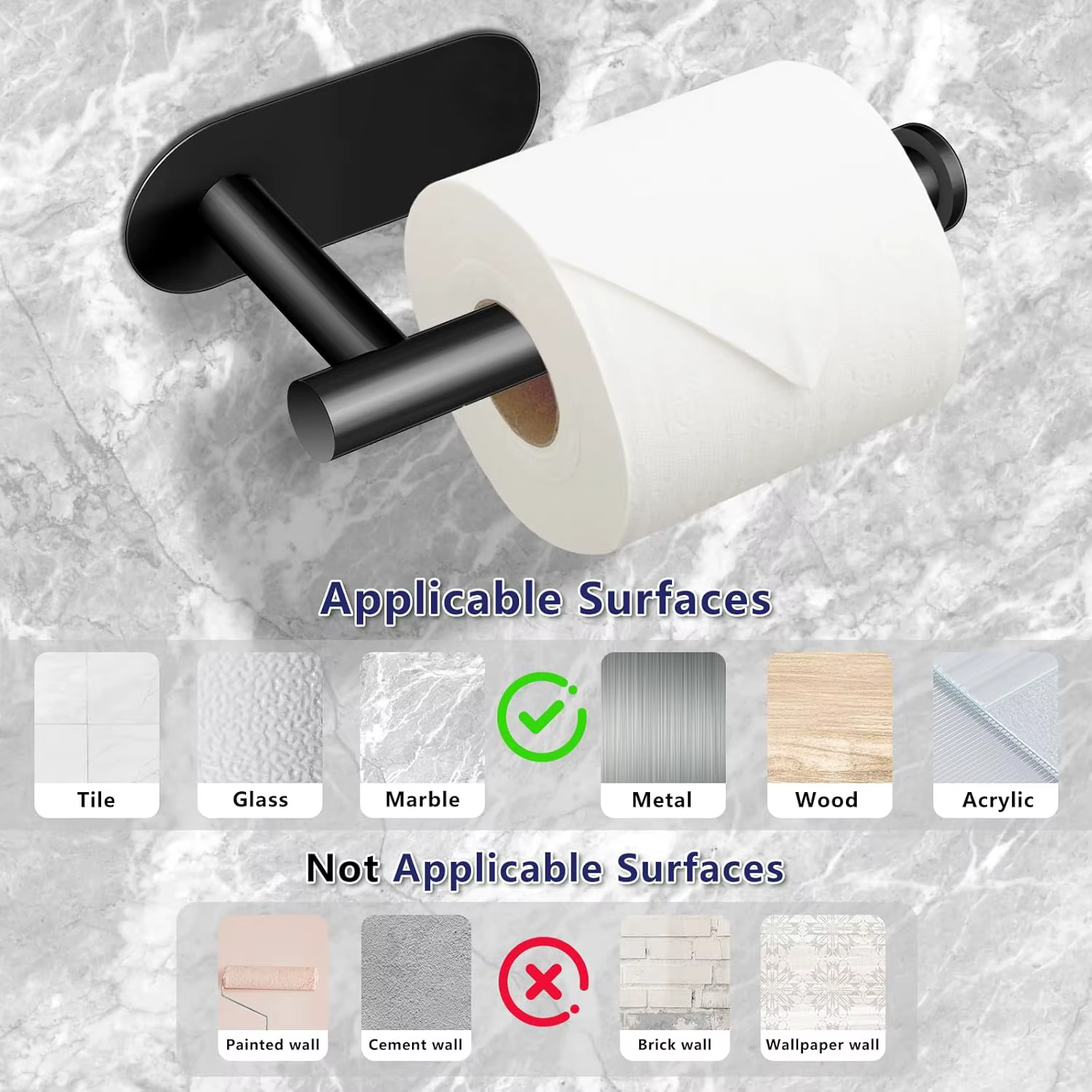 Porte-papier hygiénique noir sans perçage – Plastique auto-adhésif imperméable pour salle de bain et cuisine