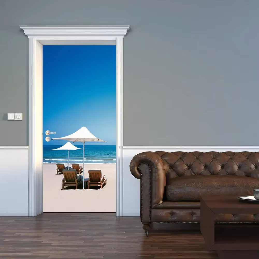 Autocollant Mural de porte 3D vue sur la mer plage