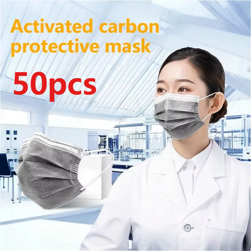 Masque jetable à charbon actif, 50 pièces, masque de protection respirant et confortable à quatre couches, épais pour éviter la poussière
