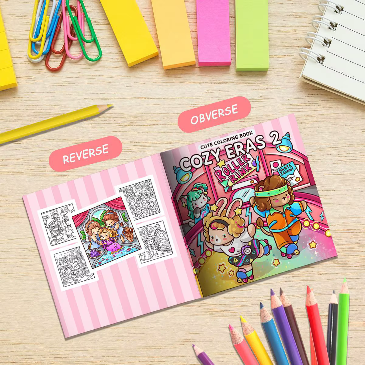 Livre de coloriage Cozy Eras 2 : Patinoire rétro, lapin, lion, chat, animaux mignons, livre de dessin anti-stress