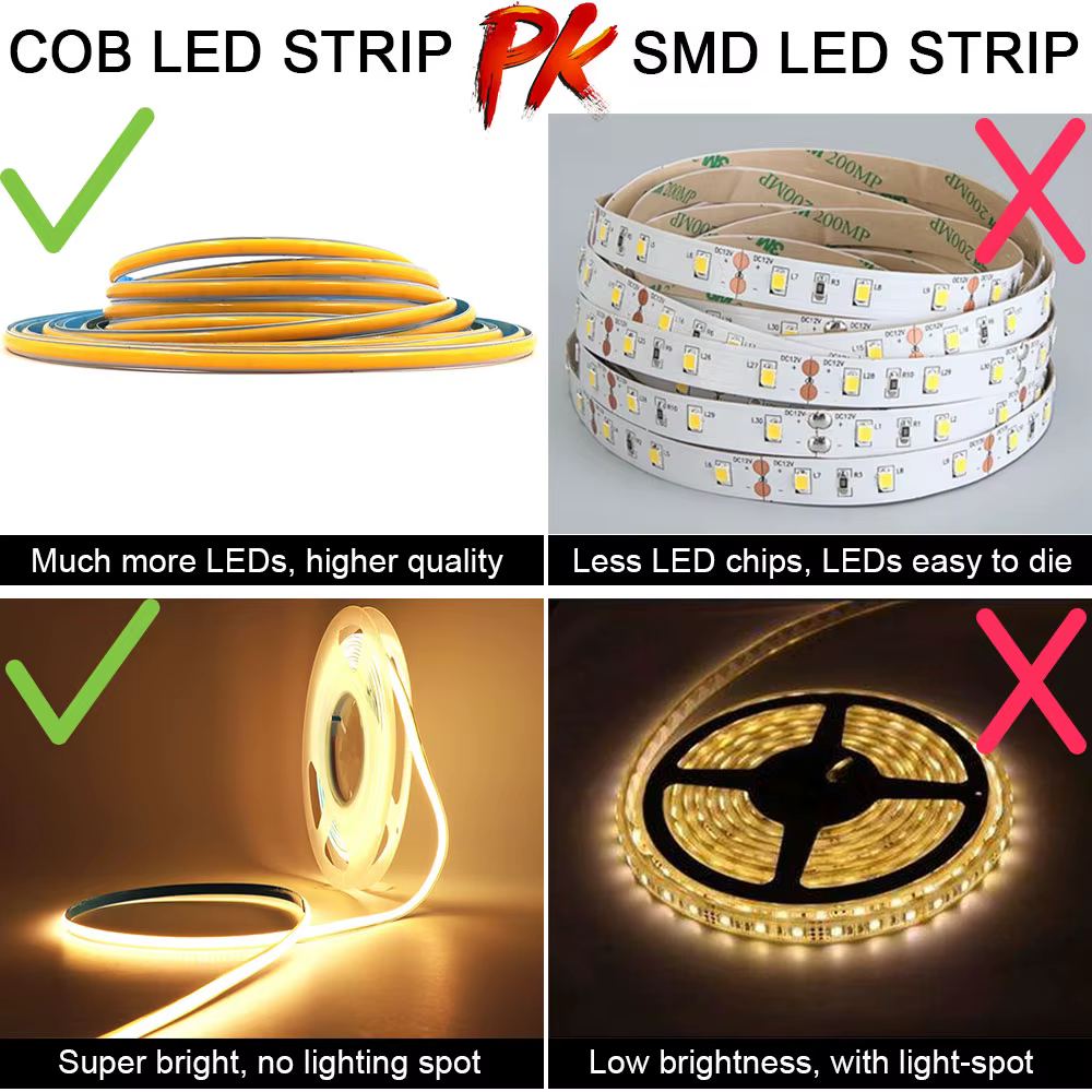 Bande LED colorée 5mm rose/bleu glace/bleu/vert/rouge/jaune dorée, bande lumineuse COB DC 12V 24V, pour décoration de chambre et de voiture