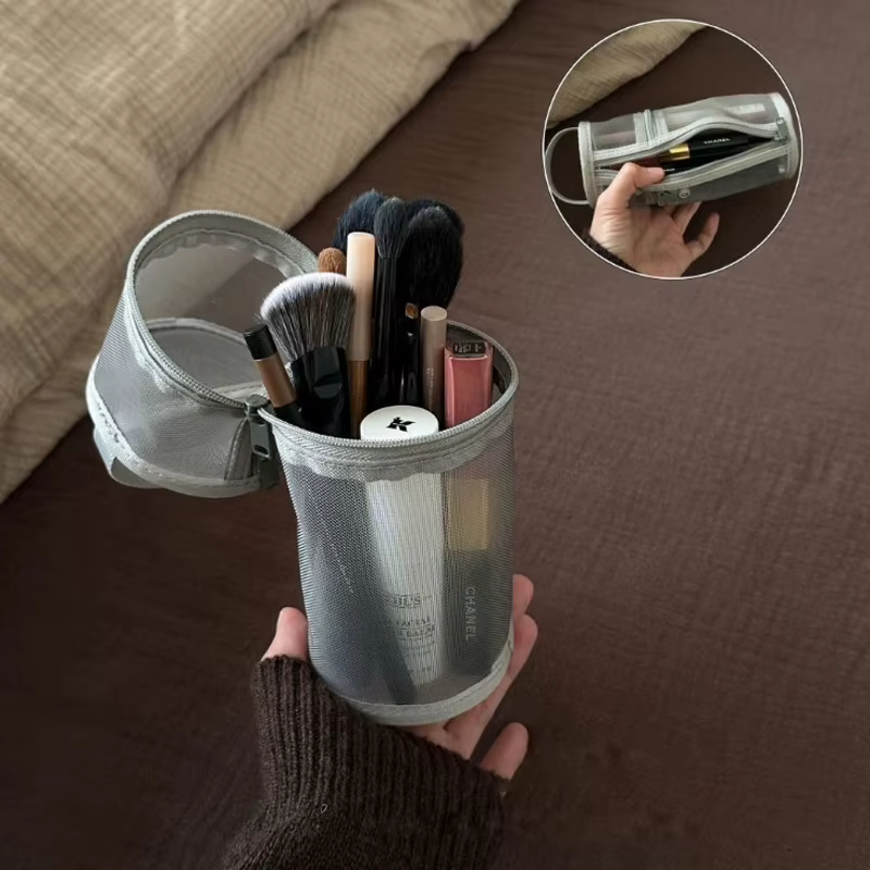 Sac de rangement portable en maille pour pinceaux de maquillage, double usage, grande capacité, support vertical, pochette de voyage pour cosmétiques