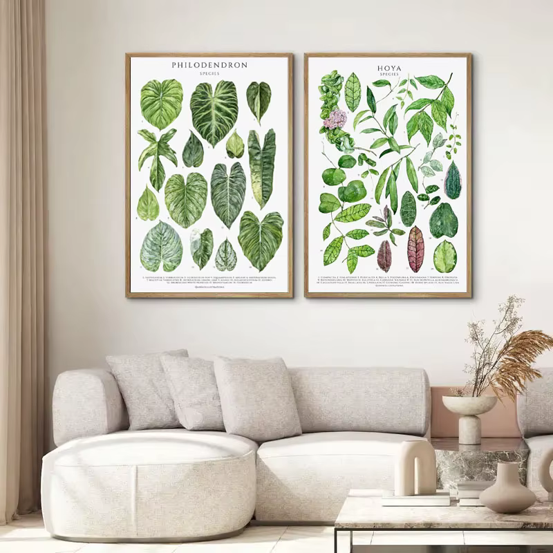 Toile murale à feuilles botaniques vertes, plantes d'intérieur naturelles, décoration de maison, feuillage apaisant et affiche d'intérieur de plantes