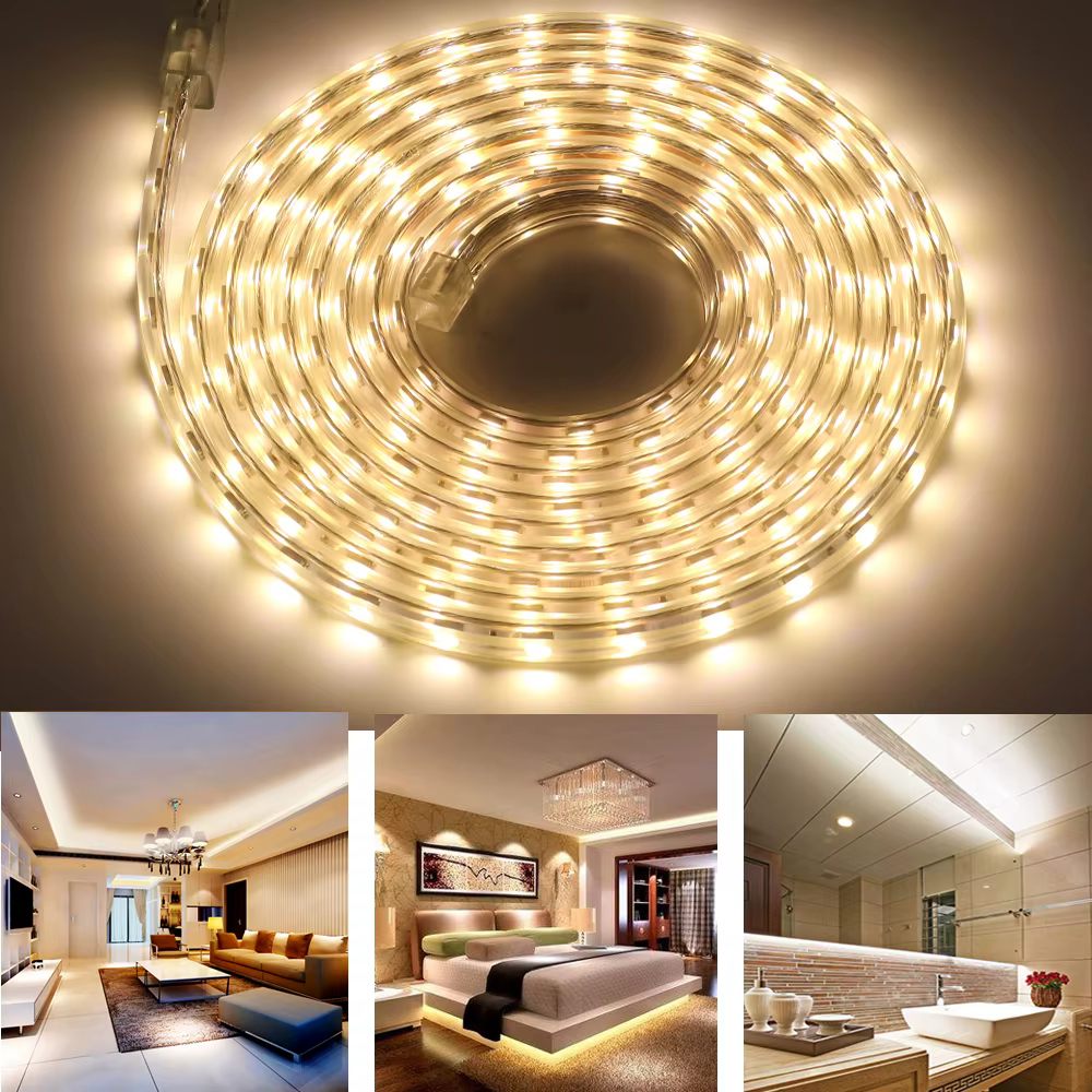 Bande lumineuse LED 5050 220V 110V 60LED, bande LED Flexible avec interrupteur marche/arrêt, ruban LED étanche blanc chaud pour la décoration de la maison
